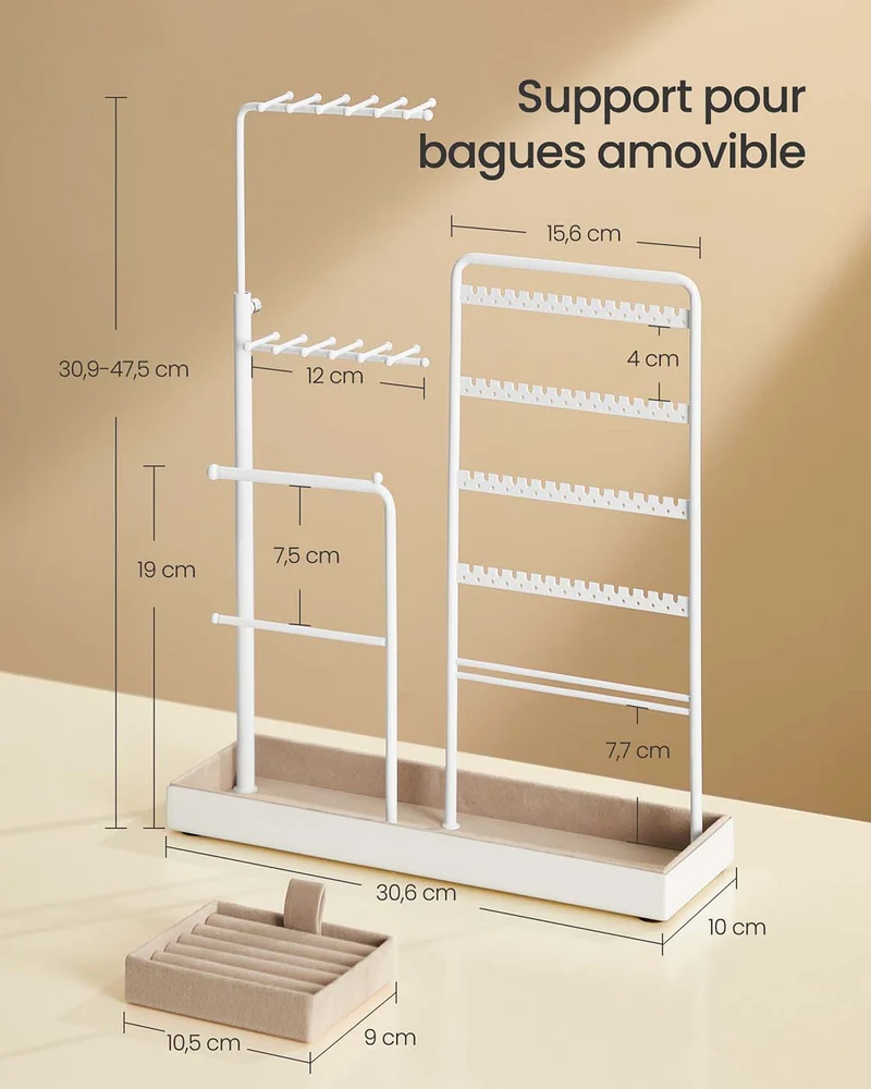 Présentoir à bijoux extensible design moderne 10 x 30,6 x 30,9 à 47,5 cm en métal blanc mat 12_0012996