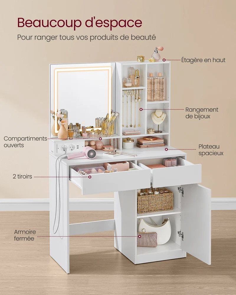 Coiffeuse avec miroir et lumière rangement pour bijoux 40 x 90 x 138 cm style moderne chambre en MDF blanc 12_0012408