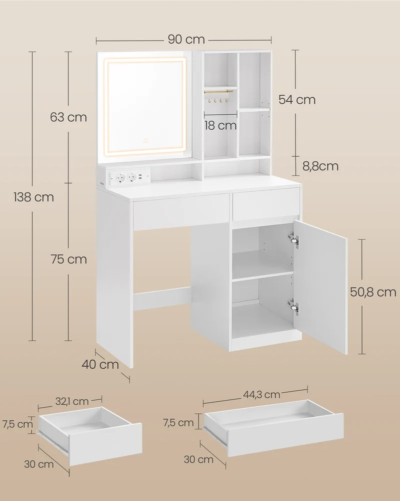 Coiffeuse avec miroir et lumière rangement pour bijoux 40 x 90 x 138 cm style moderne chambre en MDF blanc 12_0012408