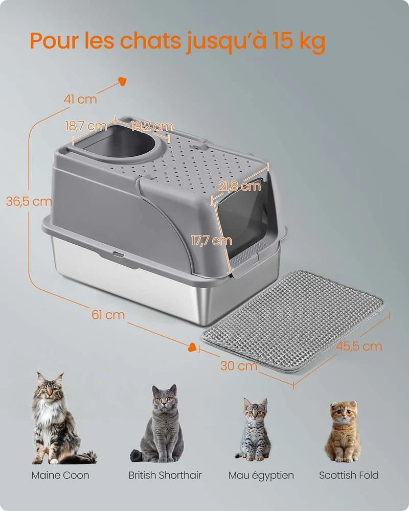 Bac à litière avec tapis attrape-litière et ensemble brosse pelle 61 x 41 x 36,5 cm en acier inoxydable gris tourterelle 12_0012309
