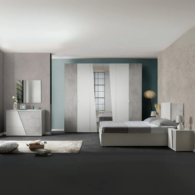Camera da letto completa con armadio colori grigio ghiaccio e ossido grigio scuro - Fadri