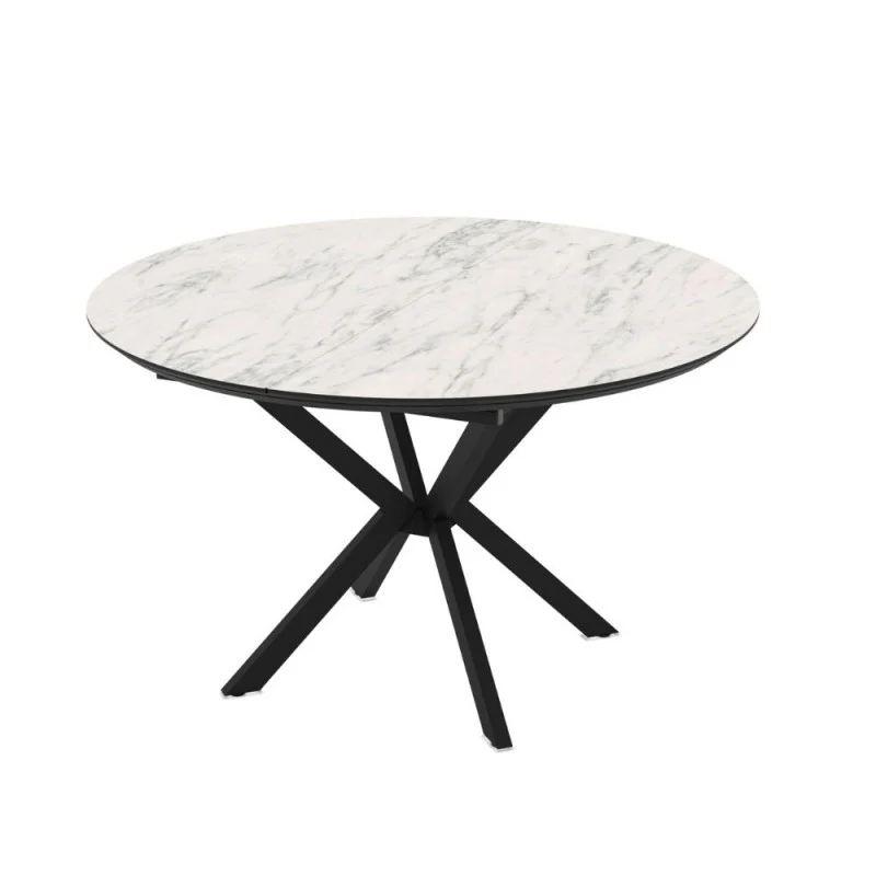 Tavolo rotondo allungabile con piano effetto marmo bianco opaco e gambe nere 126 cm - Bagok