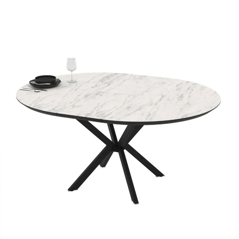 Tavolo rotondo allungabile con piano effetto marmo bianco opaco e gambe nere 126 cm - Bagok