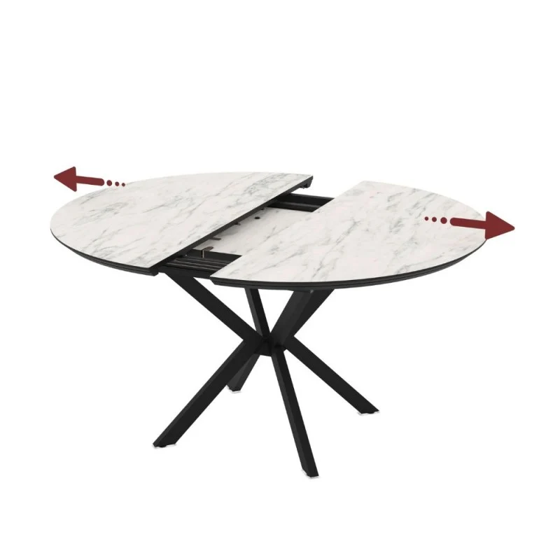 Tavolo rotondo allungabile con piano effetto marmo bianco opaco e gambe nere 126 cm - Bagok