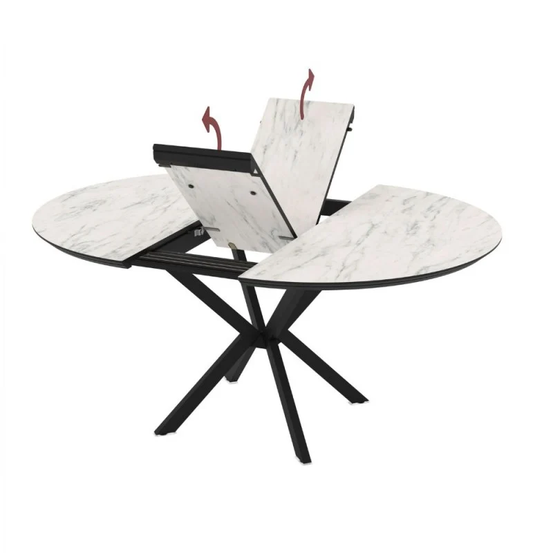 Tavolo rotondo allungabile con piano effetto marmo bianco opaco e gambe nere 126 cm - Bagok