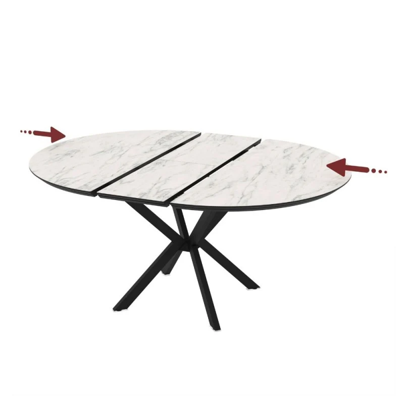 Tavolo rotondo allungabile con piano effetto marmo bianco opaco e gambe nere 126 cm - Bagok