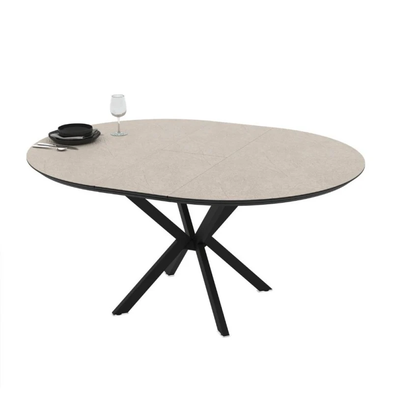 Tavolo rotondo allungabile con piano colore cashmere e gambe nere 126 cm - Bagok