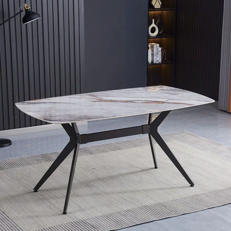 Tavolo fisso con piano in ceramica effetto marmo grigio chiaro lucido 160x90x76H cm - Katy