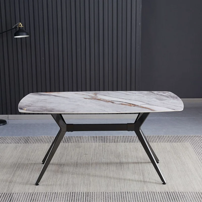 Tavolo fisso con piano in ceramica effetto marmo grigio chiaro lucido 160x90x76H cm - Katy