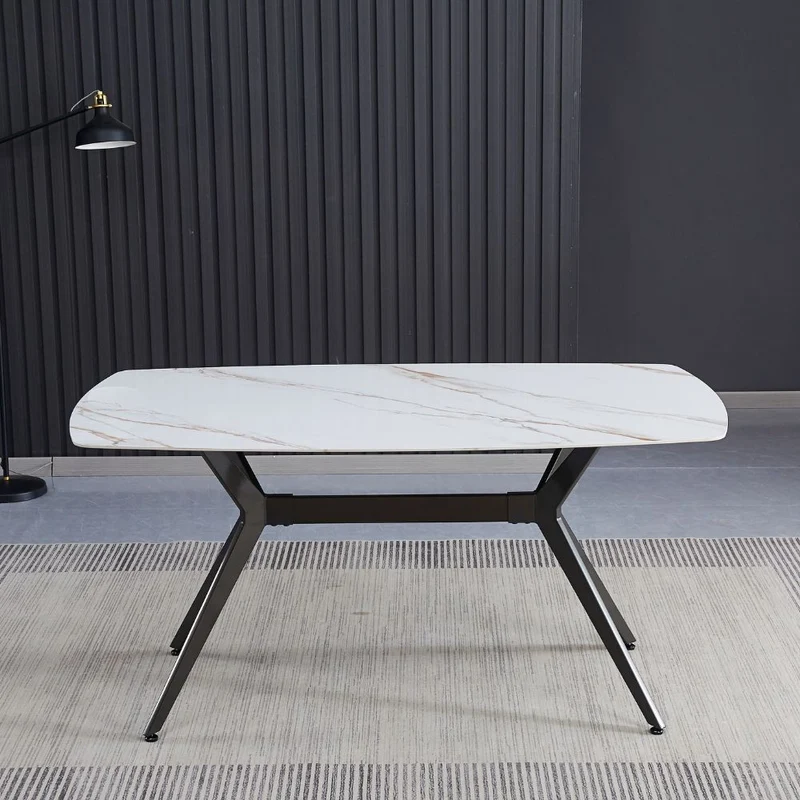 Tavolo fisso con piano in ceramica effetto marmo bianco lucido 160x90x76H cm - Katy