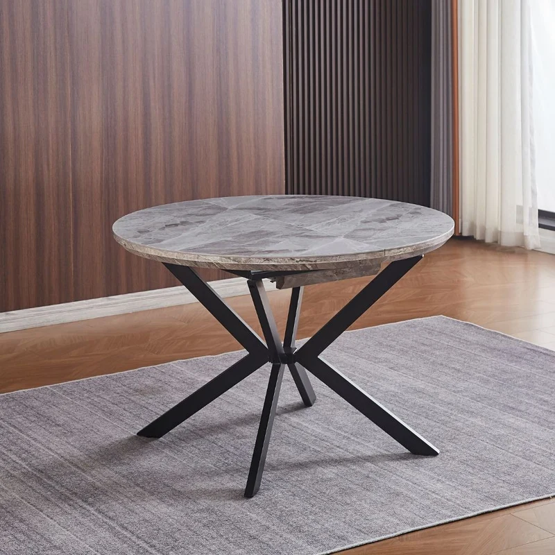 Tavolo rotondo allungabile con piano effetto marmo grigio lucido 120x76H cm - Marina