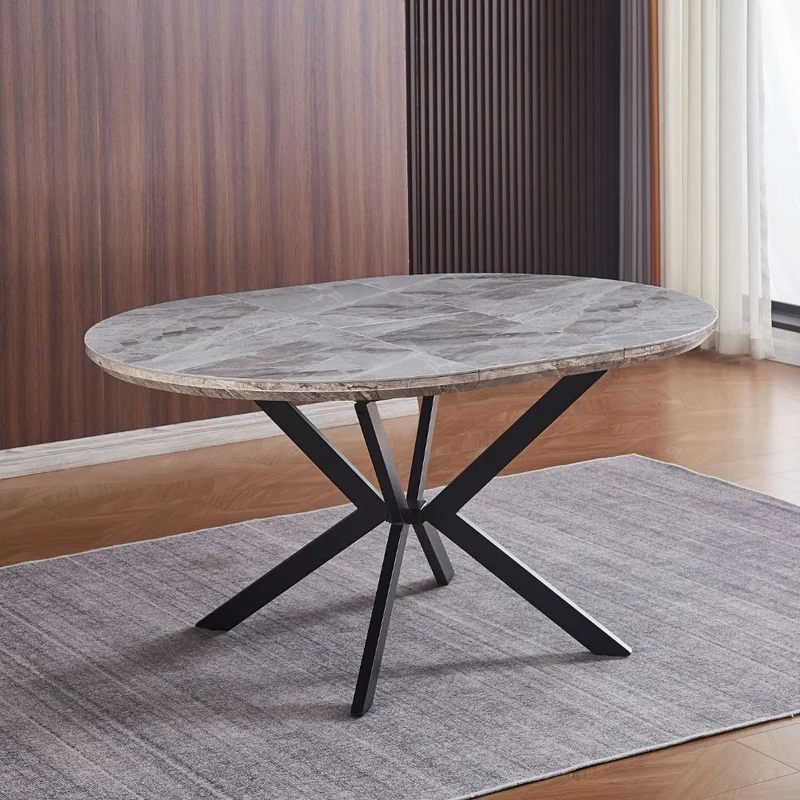 Tavolo rotondo allungabile con piano effetto marmo grigio lucido 120x76H cm - Marina