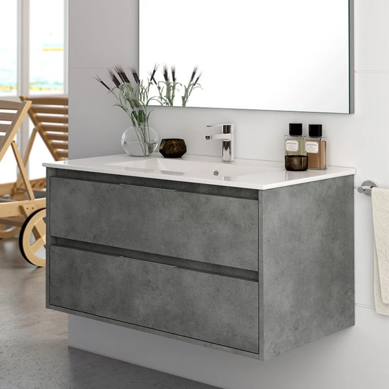 Mobile bagno sospeso con 2 cassetti colore cemento 80x45x48H cm - Konni