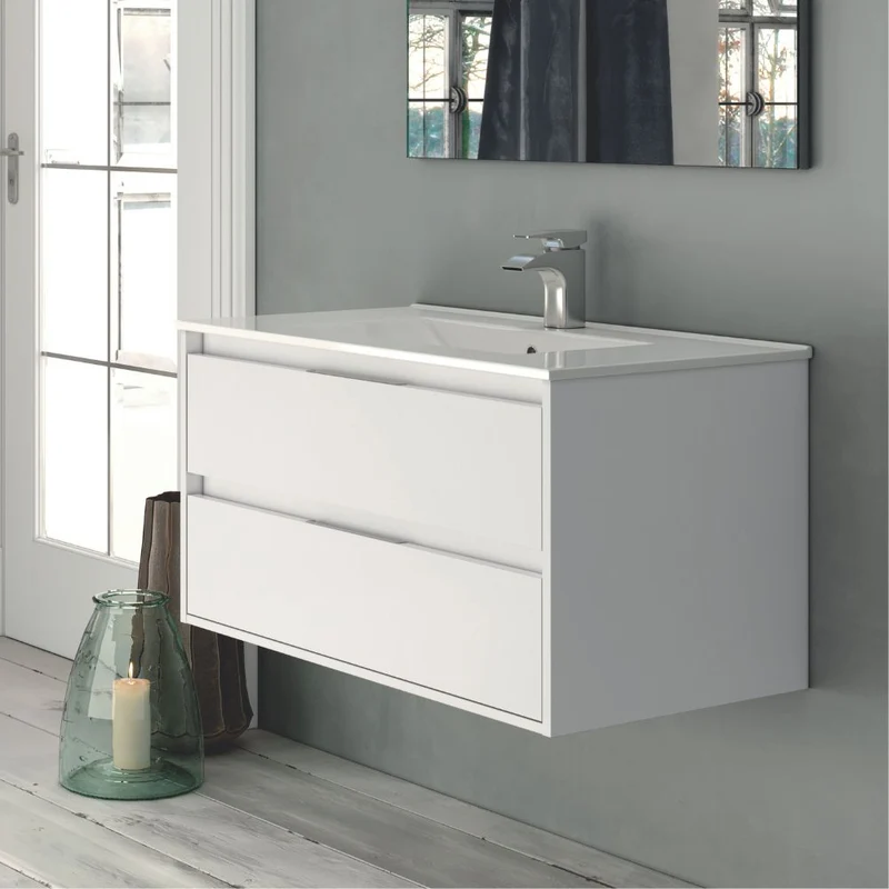 Mobile bagno sospeso con 2 cassetti colore bianco laccato lucido 80x45x48H cm - Konni