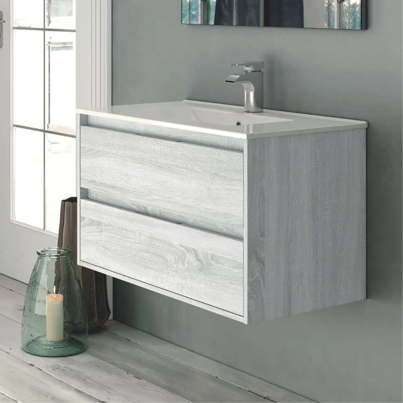 Mobile da bagno sospeso 60 cm con 2 cassetti e lavabo colore rovere grigio ghiaccio - Foltin