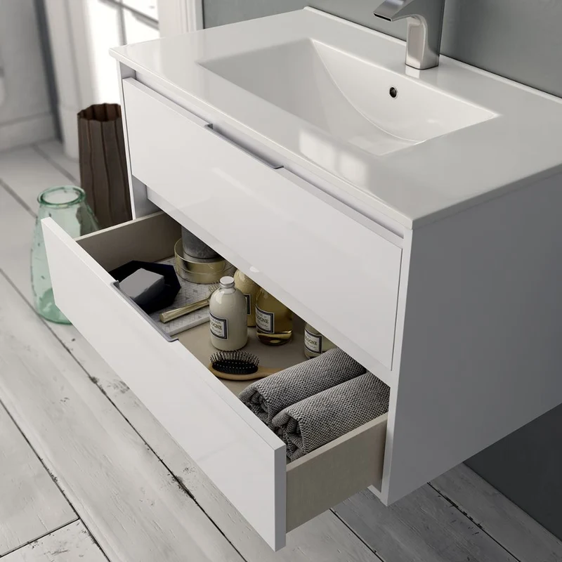 Mobile da bagno sospeso 60 cm con 2 cassetti e lavabo incluso colore bianco laccato lucido - Foltin