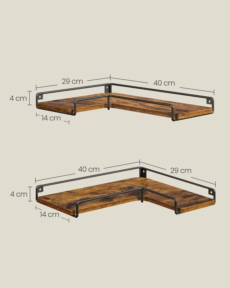 Lot de 2 étagères murales en forme de L 40 x 29 x 14 cm style industriel pour salon chambre cuisine en panneau d'aggloméré marron 12_0011834