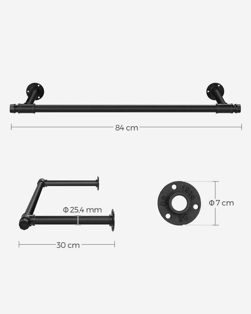 Porte-manteau mural style industriel gain de place 30 x 84 x 7 cm capacité 60 kg finition épurée en acier noir 12_0010356