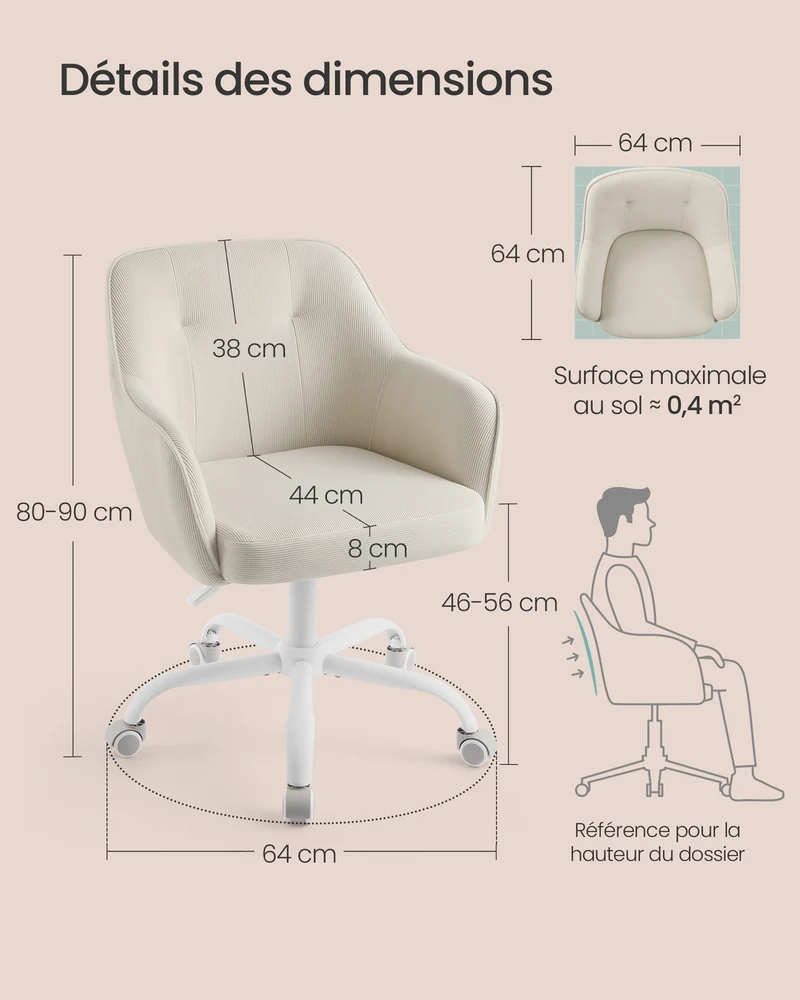 Fauteuil de bureau ergonomique réglable hauteur 64 x 64 x 90 cm assise confortable style moderne en velours beige 12_0009691