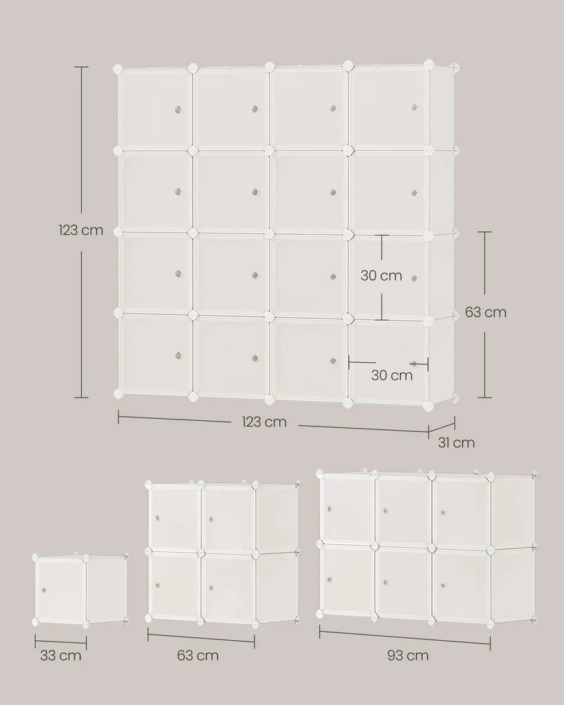 Meuble de rangement modulable 16 cubes étagère en plastique avec portes pour vêtements chaussures livres assemblage facile blanc crème 12_0006452