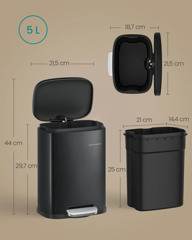 Poubelle de salle de bain 29,3 x 21,5 x 18,7 cm avec seau intérieur finition mate design moderne en acier noir 12_0013156