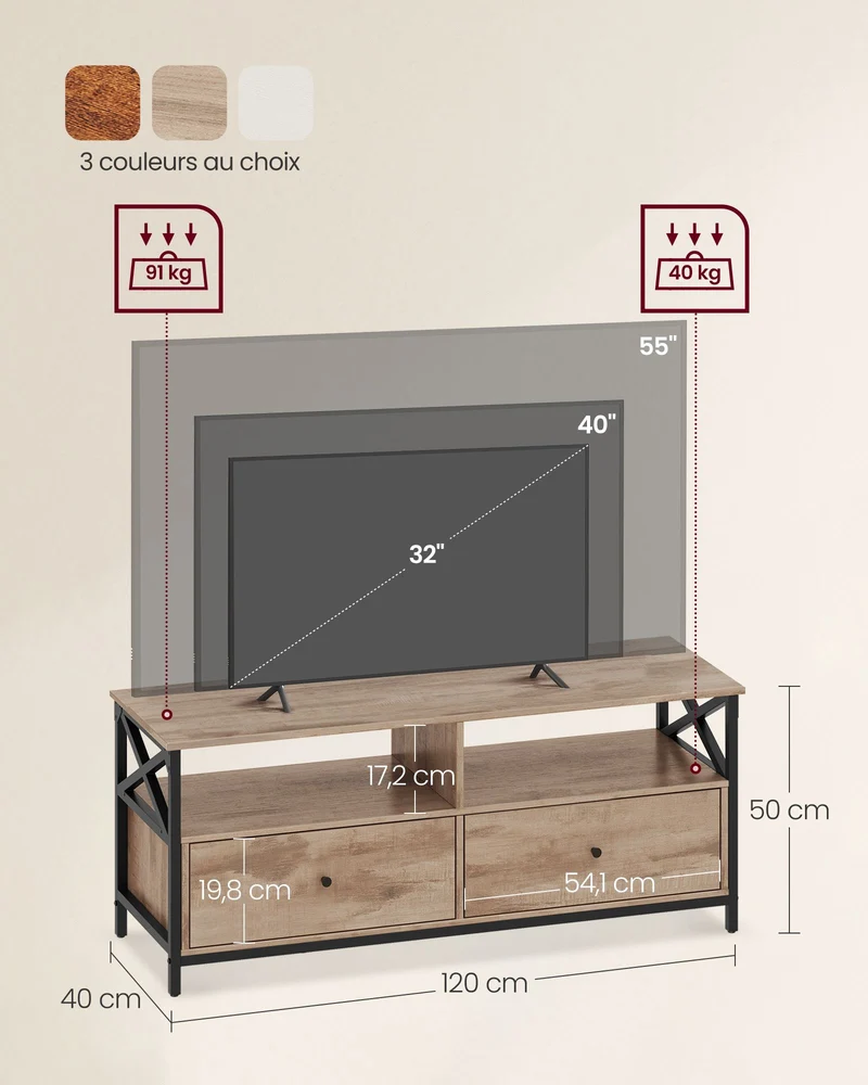Meuble TV industriel table télé jusqu'à 55 pouces avec 2 tiroirs et 2 étagères ouvertes 120 x 40 x 50 cm pour salon chambre cadre en acier marron rustique et noir 12_0006556