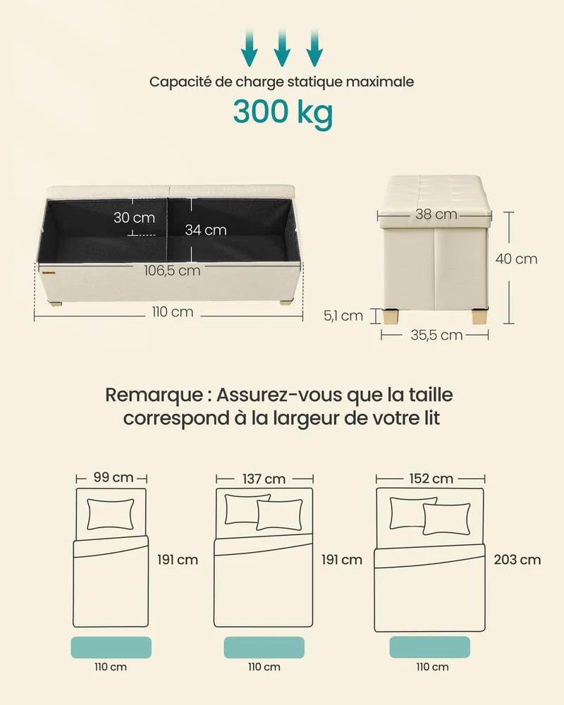 Banc de rangement pliable avec couvercle rabattable 38 x 110 x 40 cm capacité 112 L style contemporain en tissu beige clair 12_0013114