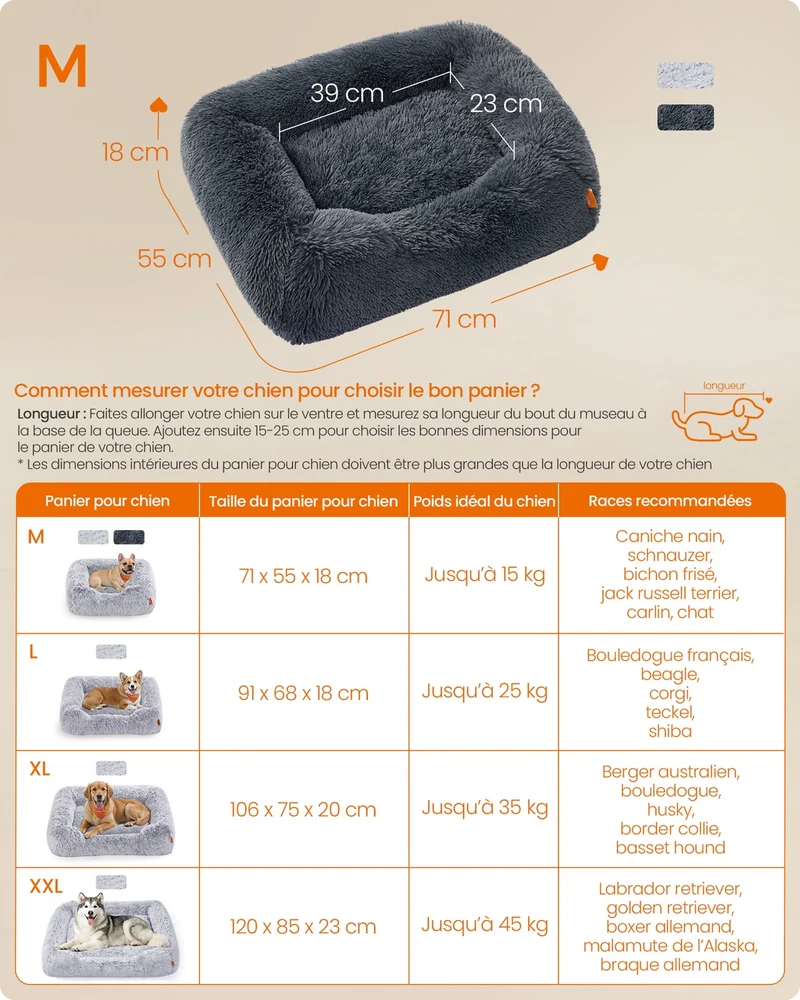 Panier pour chien lit confortable avec bords surélevés 71 x 55 x 18 cm en peluche gris foncé 12_0012896