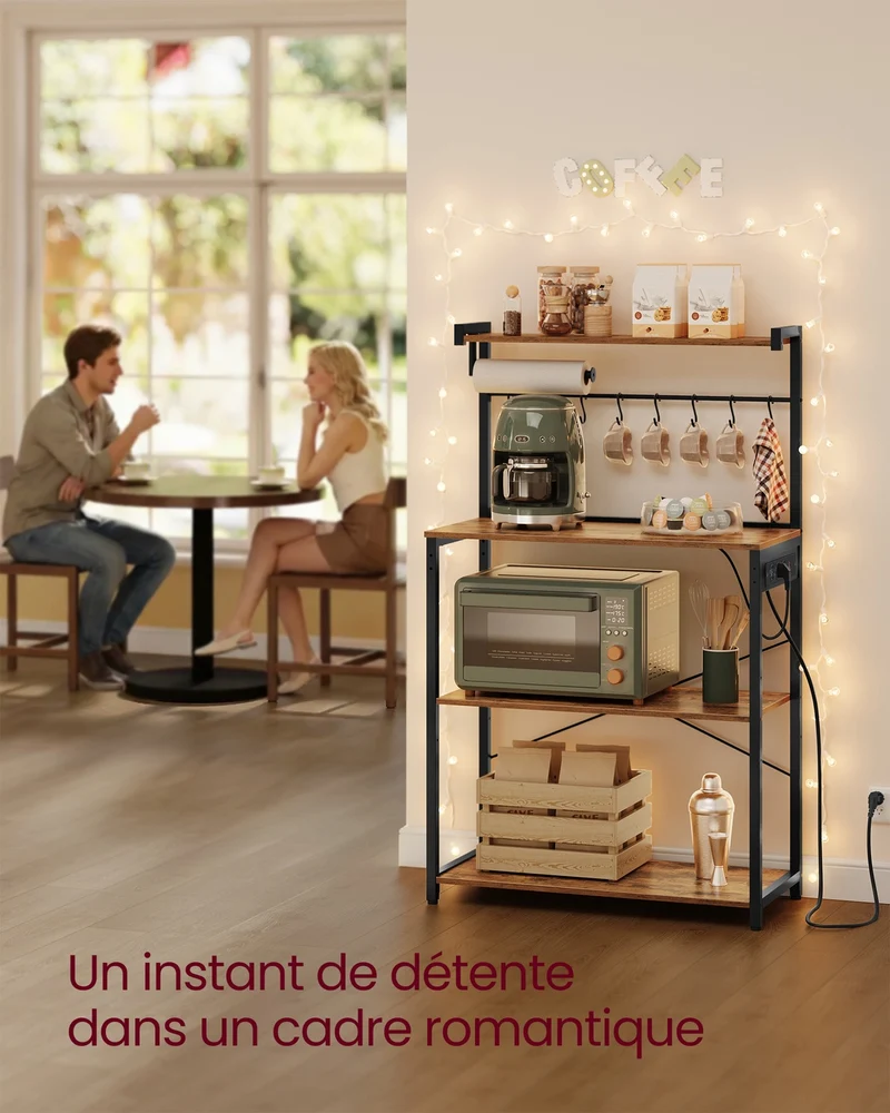 Étagère de cuisine moderne avec espace pour micro-ondes et porte essuie-tout 40 x 80 x 140 cm en aggloméré noir 12_0012447