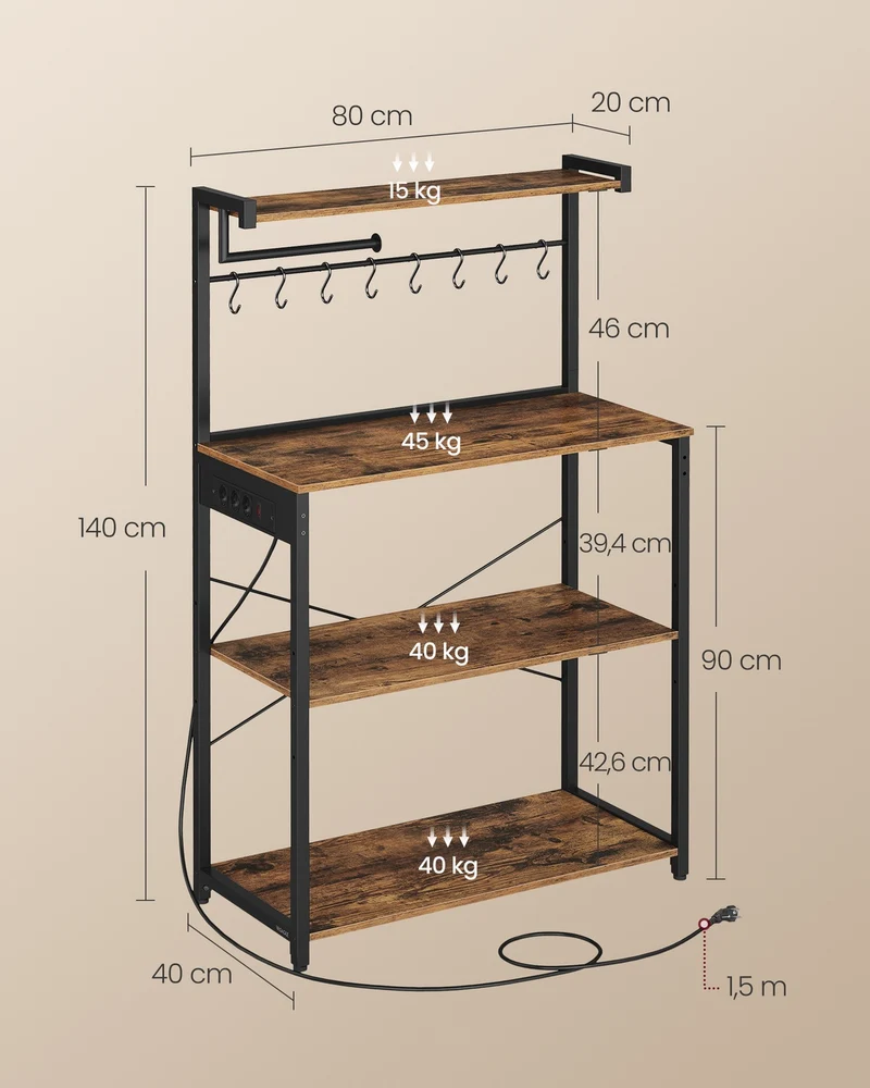 Étagère de cuisine moderne avec espace pour micro-ondes et porte essuie-tout 40 x 80 x 140 cm en aggloméré noir 12_0012447