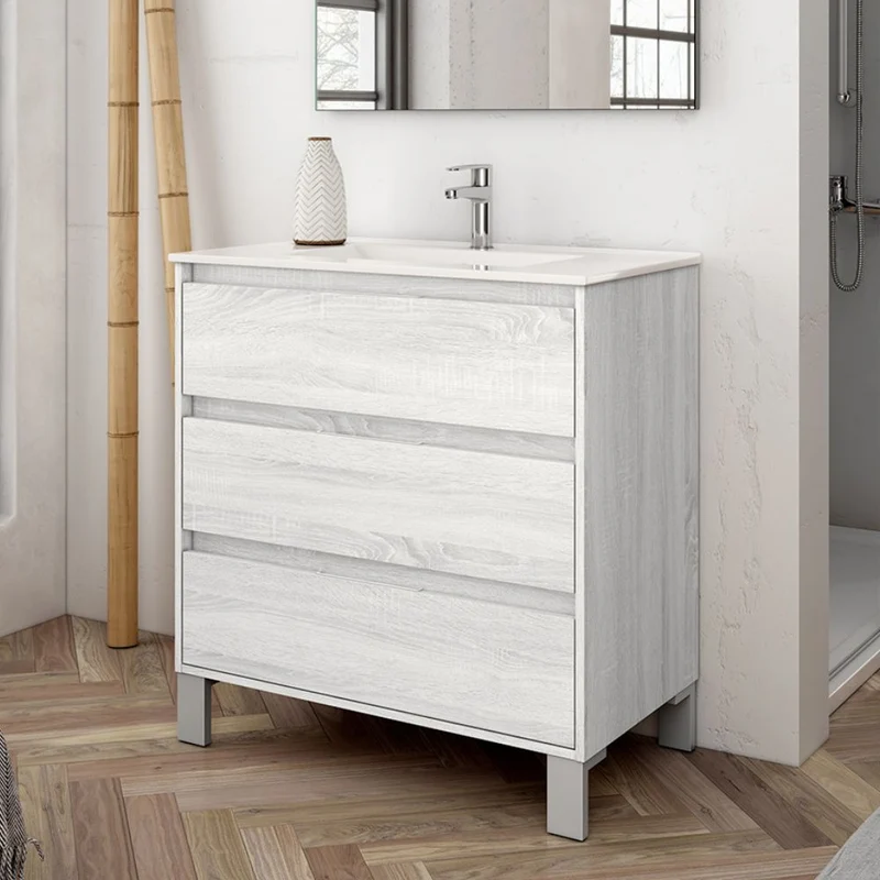 Mobile bagno con 3 cassetti colore rovere grigio ghiaccio 80x45x84H cm - Konni
