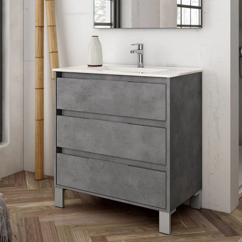 Mobile bagno con 3 cassetti colore cemento 80x45x84H cm - Konni