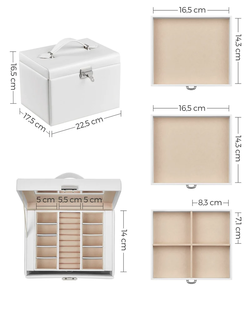 Boîte à bijoux portable avec miroir 17,5 x 13,5 x 12 cm finition élégante pour voyage en simili cuir noir 12_0009536