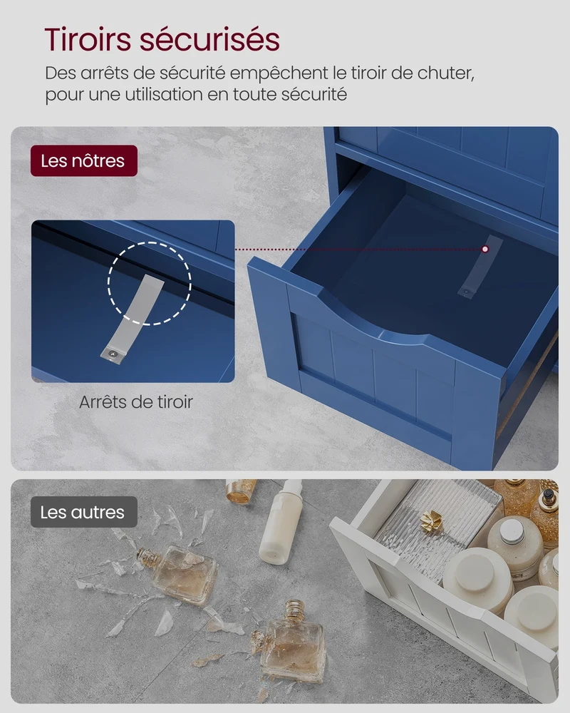 Meuble de salle de bain sur pied avec 4 tiroirs et étagère réglable 30 x 55 x 82 cm style moderne en MDF bleu baie