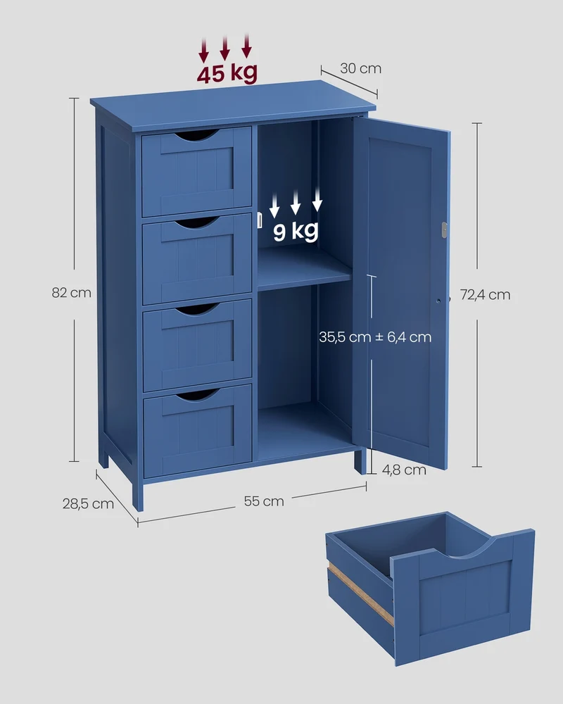 Meuble de salle de bain sur pied avec 4 tiroirs et étagère réglable 30 x 55 x 82 cm style moderne en MDF bleu baie