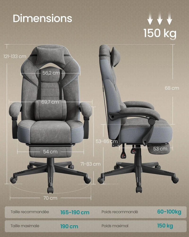 Chaise de bureau ergonomique réglable 72,4 x 69,7 x 133 cm en suédine gris ardoise 12_0008133