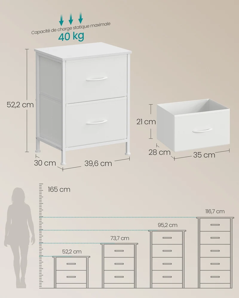 Commode 9 tiroirs de rangement pour chambre 30 x 39,6 x 52,2 cm design moderne ambiance cosy en MDF blanc neige 12_0012719