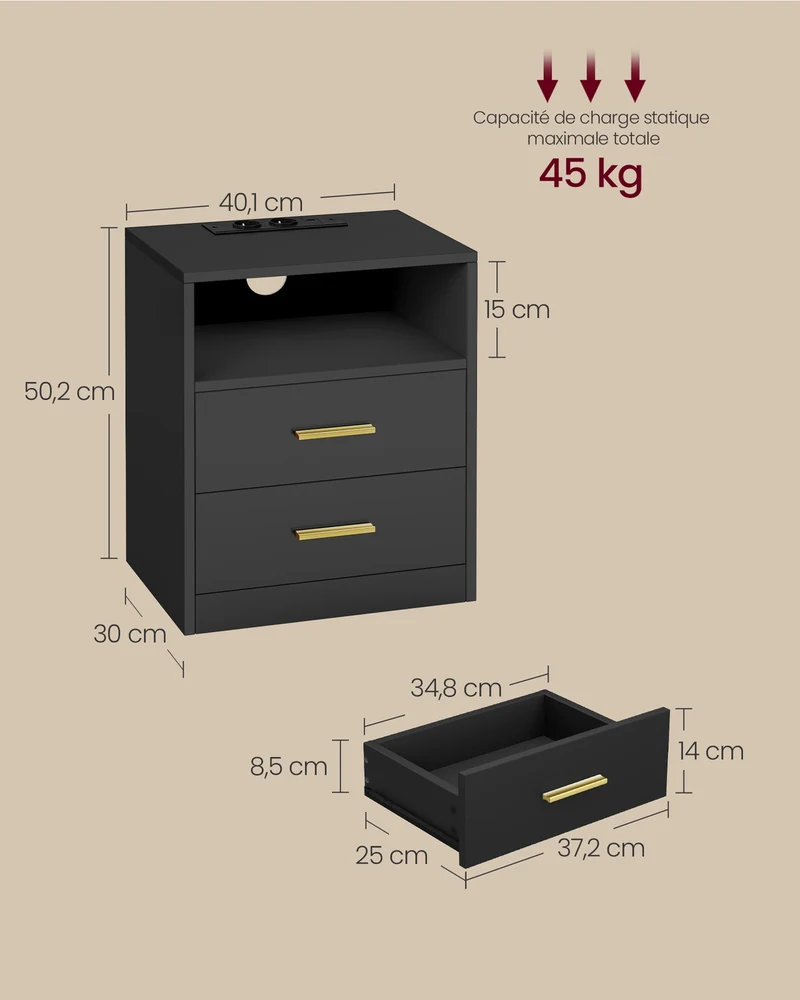 Lot de 2 tables de chevet contemporaines avec tiroirs et compartiment ouvert 30 x 40,1 x 50,2 cm en MDF noir 12_0012617