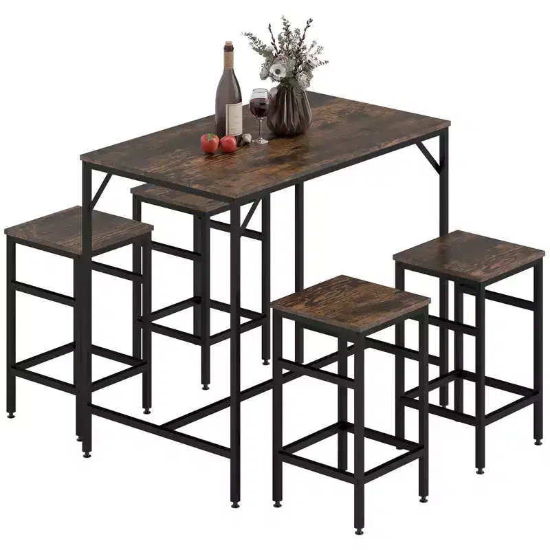 HOMCOM Ensemble Table de Bar Industrielle 5 Pièces avec 4 Tabourets, Compact pour Bar et Cuisine, Noir/Marron