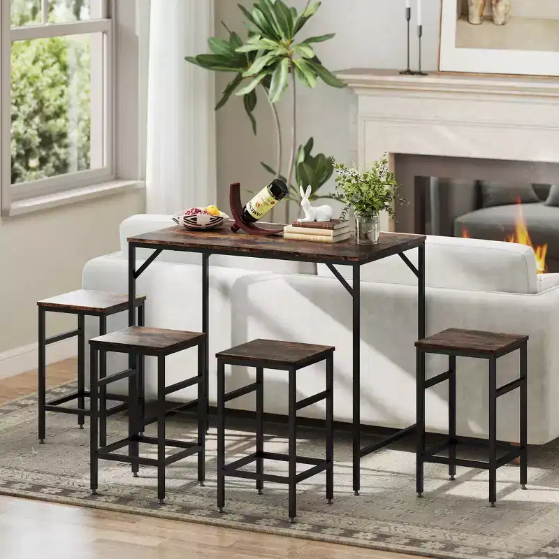 HOMCOM Ensemble Table de Bar Industrielle 5 Pièces avec 4 Tabourets, Compact pour Bar et Cuisine, Noir/Marron
