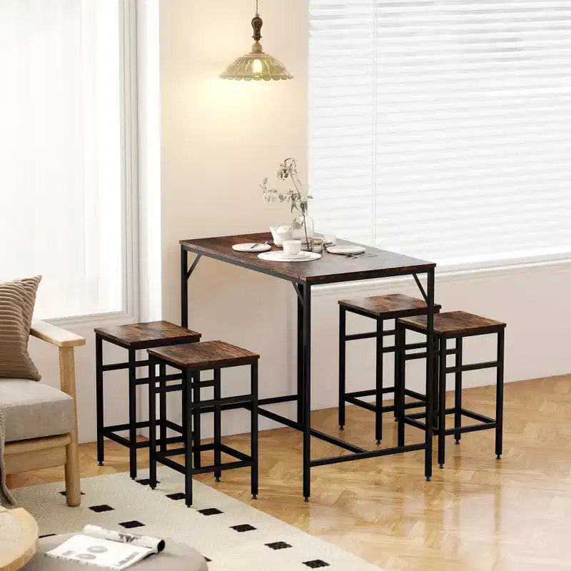 HOMCOM Ensemble Table de Bar Industrielle 5 Pièces avec 4 Tabourets, Compact pour Bar et Cuisine, Noir/Marron