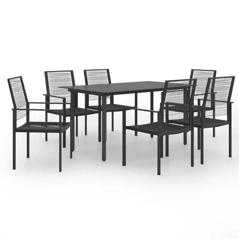 vidaXL Salon de salle à manger noir, verre, acier thermolaqué, rotin en PVC, 7 pièces