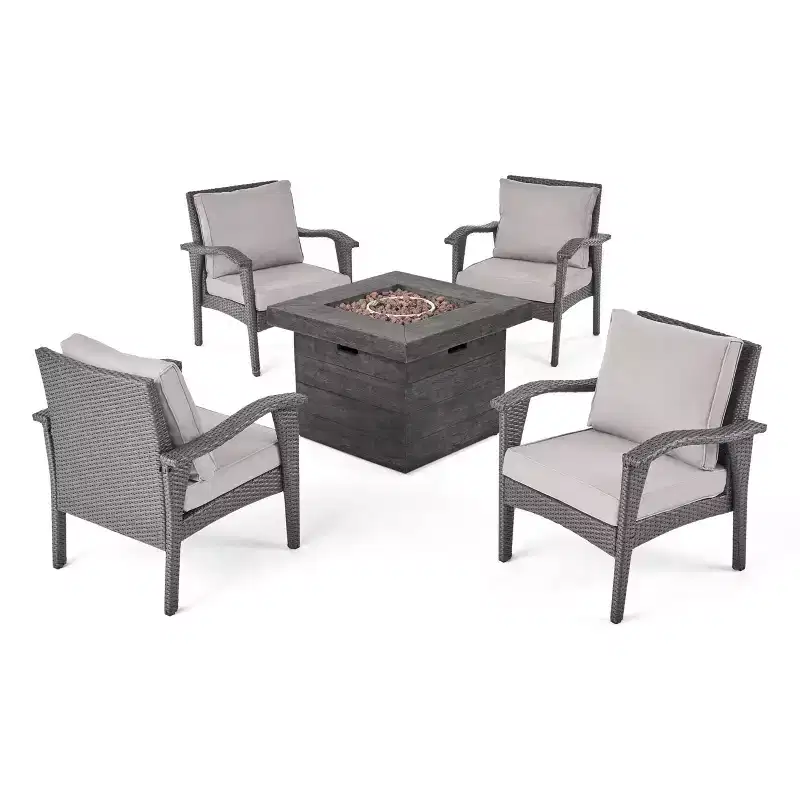 Keana – Ensemble de conversation 5 pièces avec fauteuil club en similicuir tressé et brasero – Gris/Gris clair – Christopher Knight Home