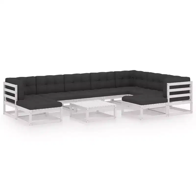 vidaXL Salon de jardin 10 pièces Canapé d'angle d'extérieur Bois de pin massif - Blanc avec coussins
