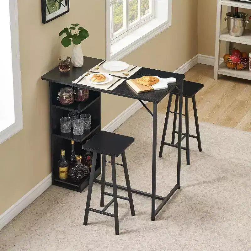 Ensemble table de bar et 2 tabourets, hauteur comptoir avec étagères de rangement, gain de place pour cuisine, appartement et coin-repas
