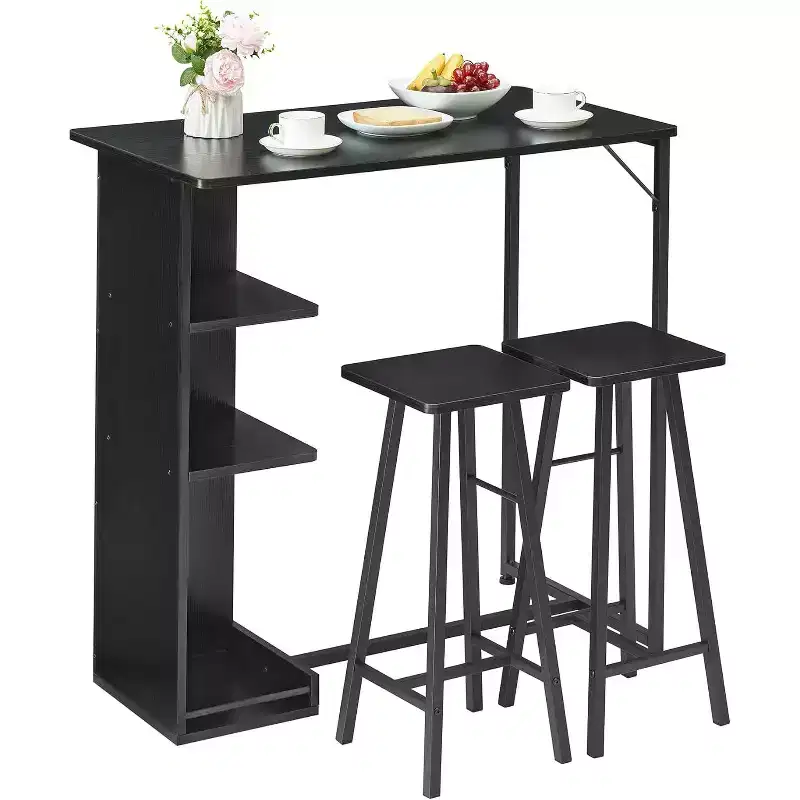 Ensemble table de bar et 2 tabourets, hauteur comptoir avec étagères de rangement, gain de place pour cuisine, appartement et coin-repas