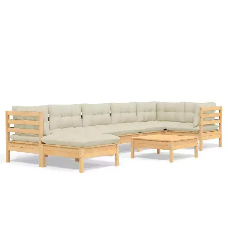 vidaXL Salon de jardin - 8 pièces, mobilier d'extérieur avec coussins crème, construction en pin massif, options de configuration polyvalentes