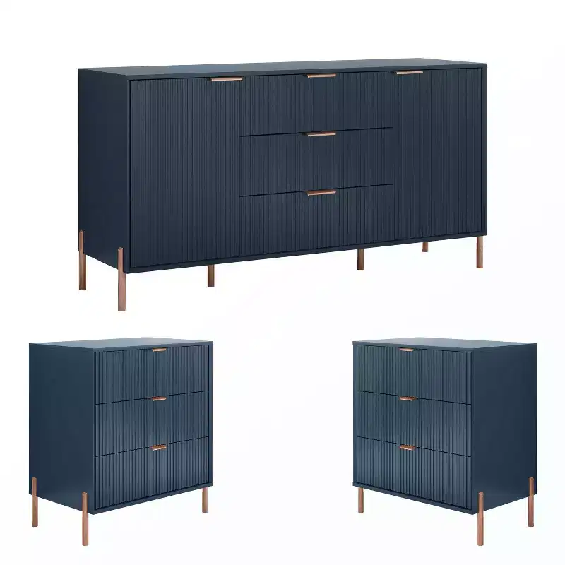 Festivo Lot de 3 tables de chevet 3 tiroirs et commode 3 tiroirs bleu marine au design moderne et élégant