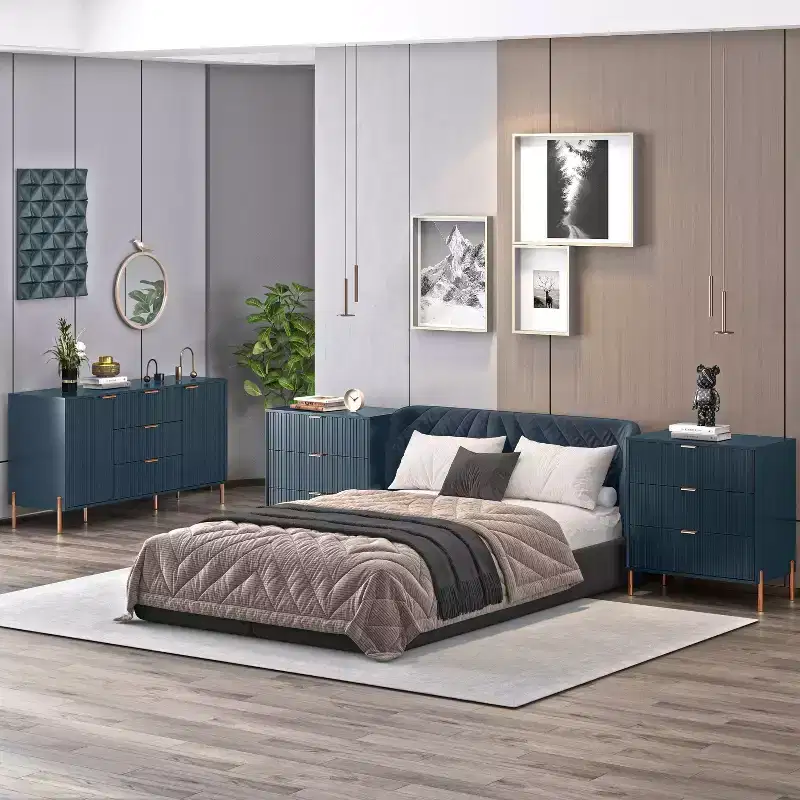 Festivo Lot de 3 tables de chevet 3 tiroirs et commode 3 tiroirs bleu marine au design moderne et élégant