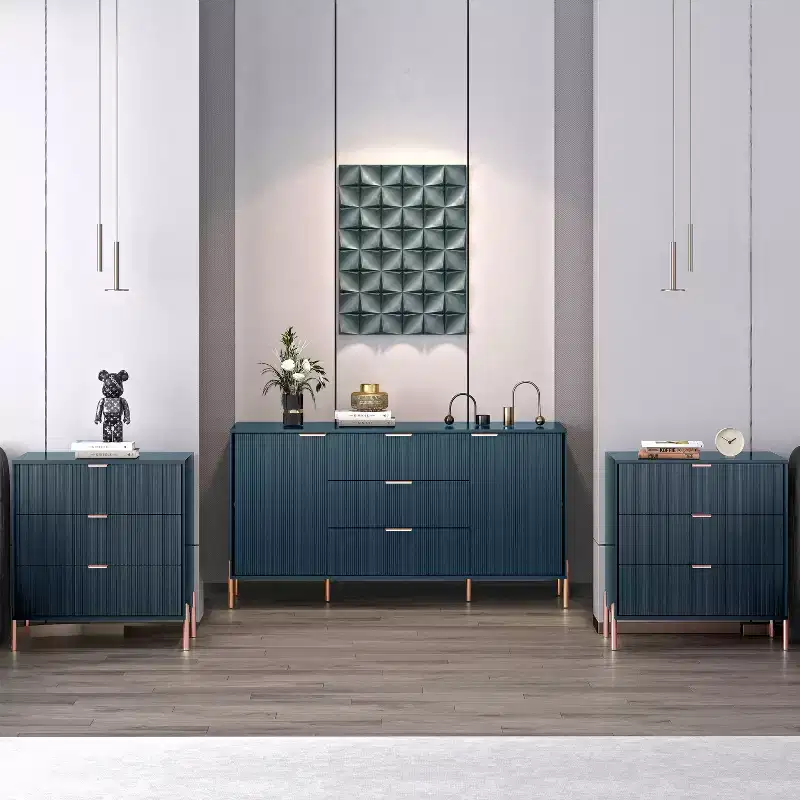 Festivo Lot de 3 tables de chevet 3 tiroirs et commode 3 tiroirs bleu marine au design moderne et élégant